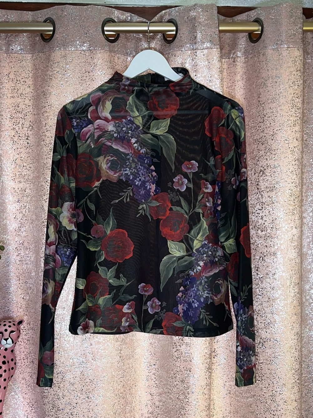 Avec Les Filles Black Sheer Mock Neck Top with Red & Purple Floral